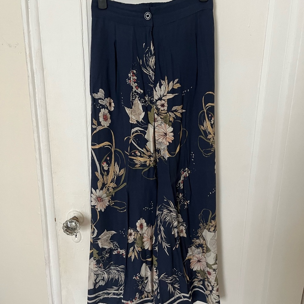 Aritzia Floral Wide-Leg Navy Pants